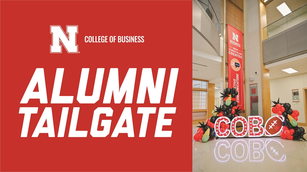 Nebraska College of Business, Alumni tailgate, CoB marquee letters with light-up football and black and red balloons