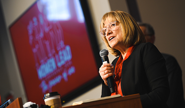 Dean Kathy Farrell speaking at Women Lead